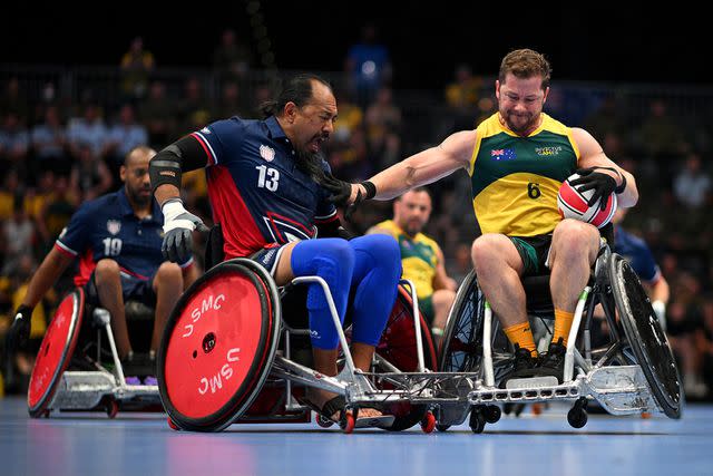<p>Lukas Schulze/Getty</p> Garrett Kuwada of Team USA competes in the Mixed Team Semi Final match between Team United States and Team Australia on day two of the 2023 Invictus Games