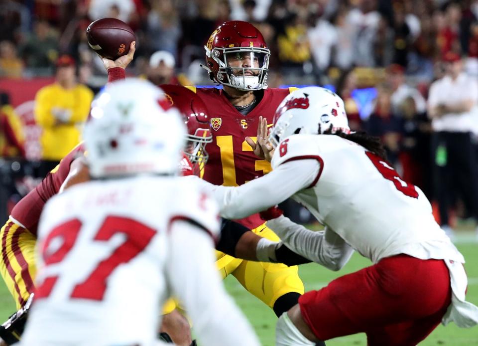 USC quarterback Caleb Williams throws during a win over Fresno State at the Coliseum on Sept. 17.