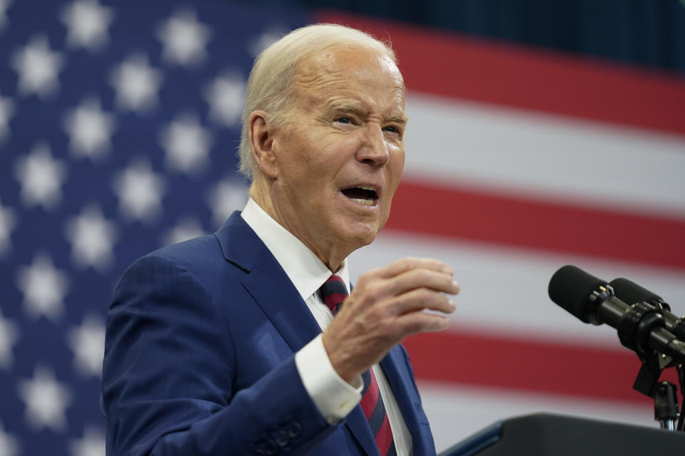 President Joe Biden delivers remarks during a campaign event with Vice President Kamala Harris in Raleigh, N.C., Tuesday, March 26, 2024. (AP Photo/Stephanie Scarbrough)