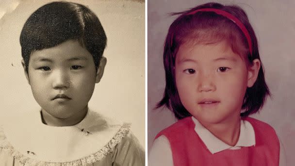 PHOTO: Left, Juju Chang in her green card photo when she immigrated to the U.S. from South Korea. Right, Juju Chang in her kindergarten photo in the U.S. (Courtesy Juju Chang)