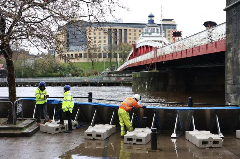 Environment Agency flood barriers in place on Newcastle Quayside to prevent the River Tyne overflowing at high tide on Tuesday, April 9