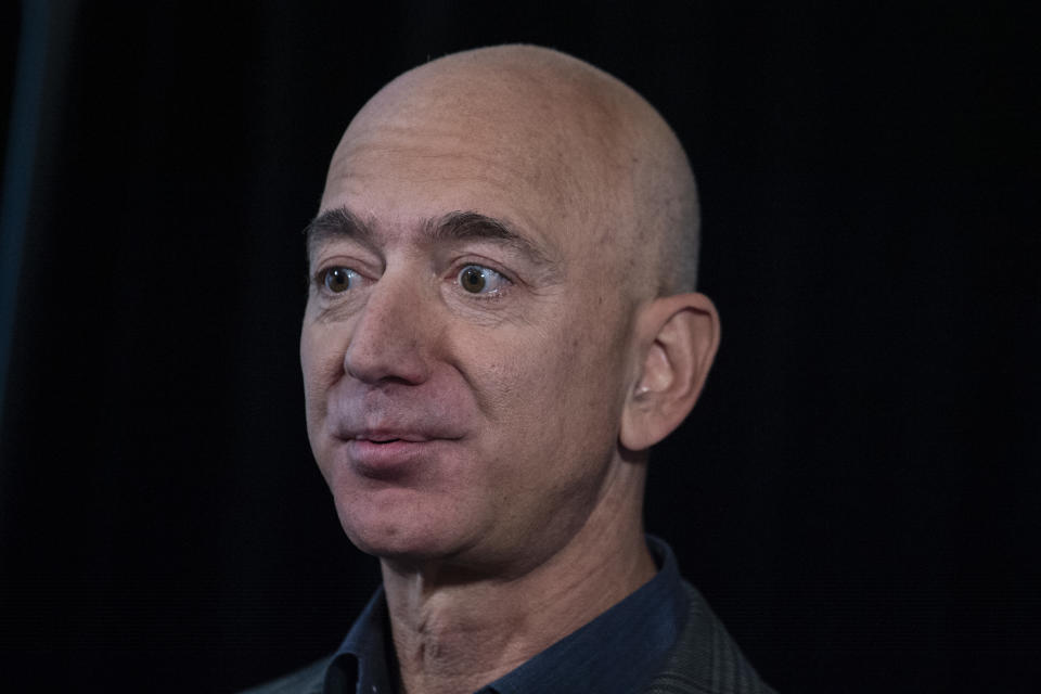 Amazon Founder and CEO Jeff Bezos speaks to the media on the companys sustainability efforts on September 19, 2019 in Washington,DC. - Amazon CEO Jeff Bezos announced Thursday the new Climate Pledge, with the goal of reaching the Paris climate accord goals 10 years early. Amazon will become the first signatory of the pledge. (Photo by Eric BARADAT / AFP)        (Photo credit should read ERIC BARADAT/AFP via Getty Images)