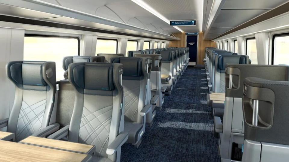 Among the amenities in the new Amtrak Airo train is more spacious seating with an emphasis on ergonomics. The new trains will be deployed on the Downeaster route and other lines throughout the country between 2026 and 2031.