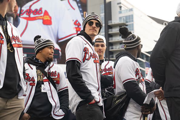 ATLANTA, GA - NOVEMBER 05: Members of the Atlanta Braves team speak following the World Series Parade at Truist Park on November 5, 2021 in Atlanta, Georgia. The Atlanta Braves won the World Series in six games against the Houston Astros winning their first championship since 1995. (Photo by Megan Varner/Getty Images)