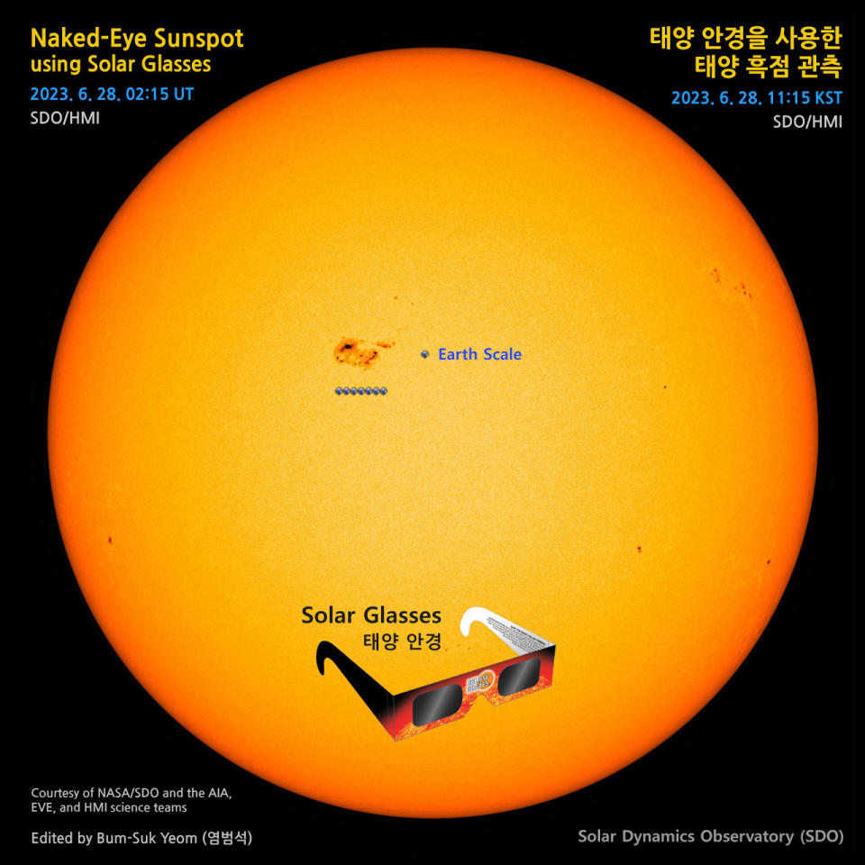 An orange/yelow image of the sun with a sunspot near the center. Seven scale-sized Earths are lined up next to the sunspot to show its enormity.