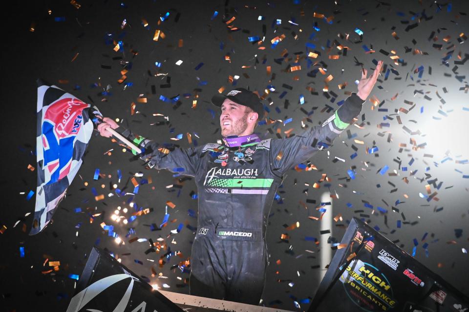 Carson Macedo celebrates his victory in the World of Outlaws Larry Hillerud Memorial Badger 40 on Saturday night at Wilmot Raceway on the Kenosha County Fairgrounds.