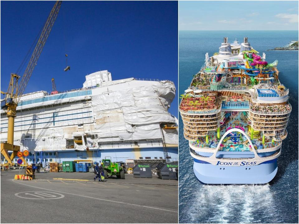 A collage of Royal Caribbean's Icon of the Seas ship and Royal Caribbean’s rendering of the space.