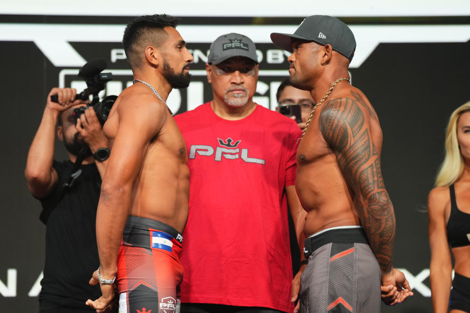2023 PFL 7 Ceremonial Weigh-Ins at the Boeing Center at Tech Port in San Antonio, Texas, Thursday, Aug. 3, 2023. (Cooper Neill / PFL)