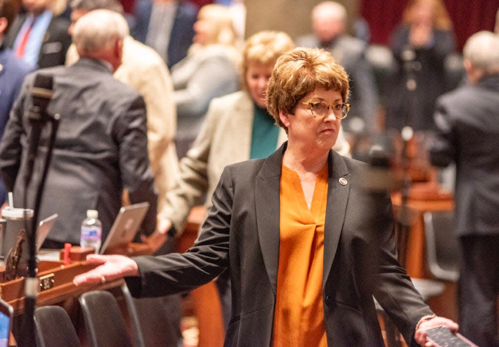 Missouri Senate Majority Leader Cindy O'Laughlin, R-Shelbina, walks into the governor's State of the State address Wednesday, Jan. 24, 2023.