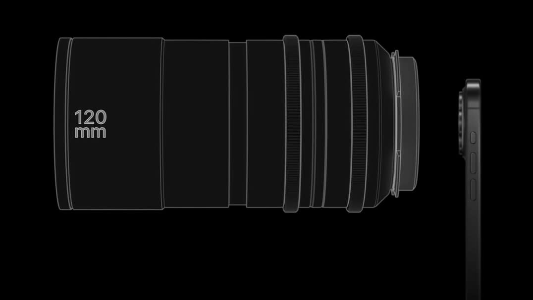  Apple presentation screen showing 120mm lens next to iPhone 15 Pro Max black titanium 