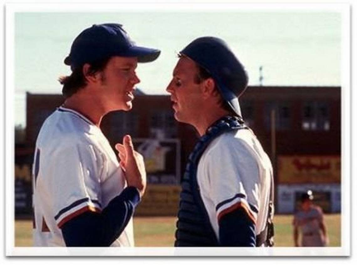 Tim Robbins and Kevin Costner as pitcher Nuke LaLoosh and catcher Crash Davis in “Bull Durham.”