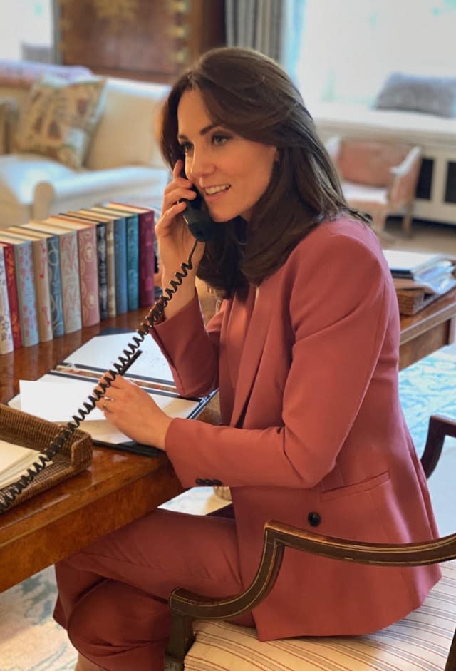 Kate pictured carrying out a meeting with Place2Be chief executive officer Catherine Roche by phone because of the coronavirus lockdown. Kensington Palace