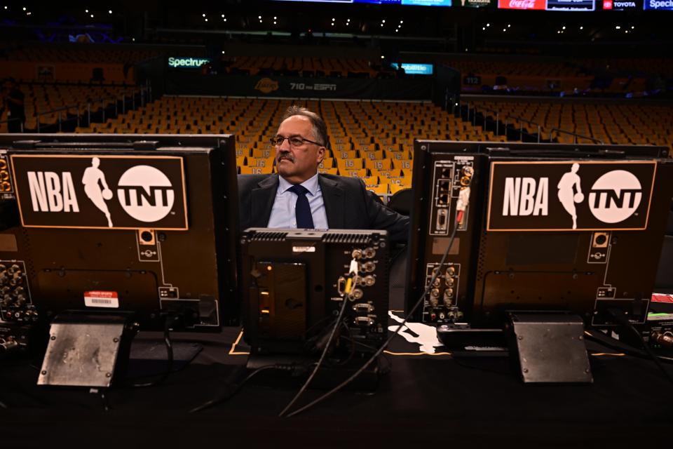 TNT analyst Stan Van Grundy at his desk with computer monitors at the LA Lakers' Crypto.com arena.