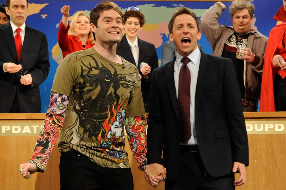 <p>Dana Edelson/NBCU Photo Bank/NBCUniversal via Getty</p> Bill Hader and Seth Meyers on 