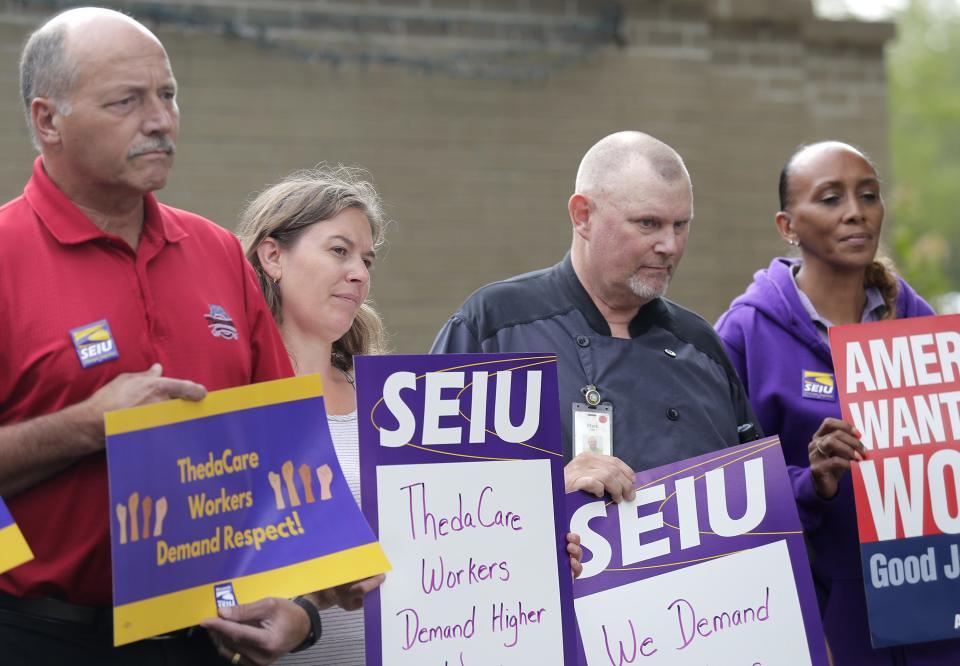 Hospital workers at ThedaCare in Appleton speak about wages, call for better jobs and increased staffing during a press conference Tuesday, August 29, 2023, at ThedaCare Regional Medical Center Appleton in Appleton, Wis.