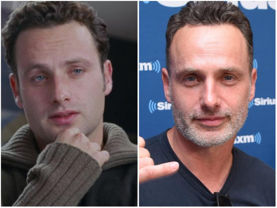 Andrew Lincoln in ‘Love Actually’ and in 2018 (Universal, Getty)