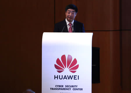 FILE PHOTO: Huawei's Deputy Chairman Ken Hu addresses a speech at the opening of the Huawei Cyber Security Transparency Centre in Brussels, Belgium March 5, 2019. REUTERS/Yves Herman/File photo