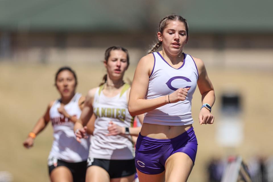 Canyon’s Abree Winfrey, wins the Varsity Girls 800 Meter run in the Amarillo Relays, March 25, 2023, at Dick Bivins Stadium, in Amarillo, Texas.