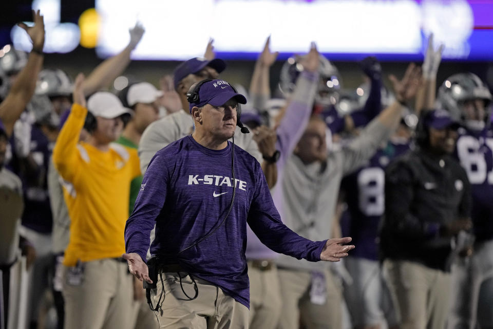 Kansas State head coach Chris Klieman questions a call during the second half of an NCAA college football game against TCU Saturday, Oct. 21, 2023, in Manhattan, Kan. (AP Photo/Charlie Riedel)