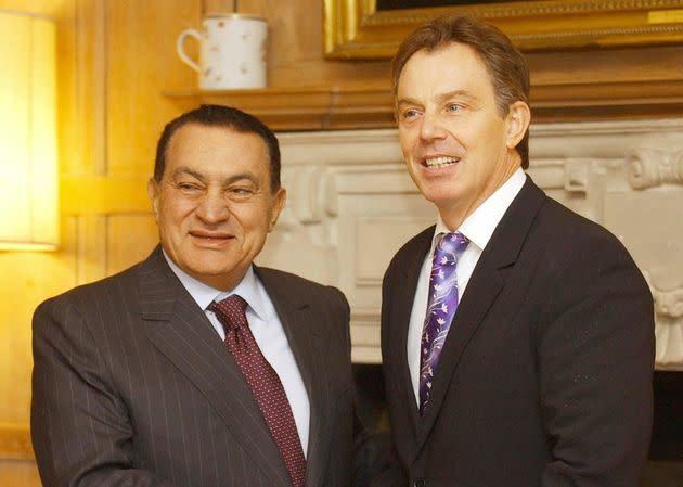 Hosni Mubarak is welcomed to Chequers by then-PM Tony Blair in 2008.