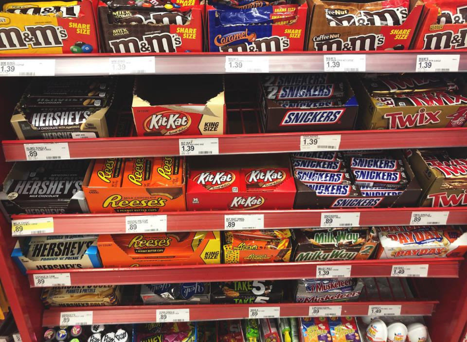 Checkout aisle at grocery store candy bars