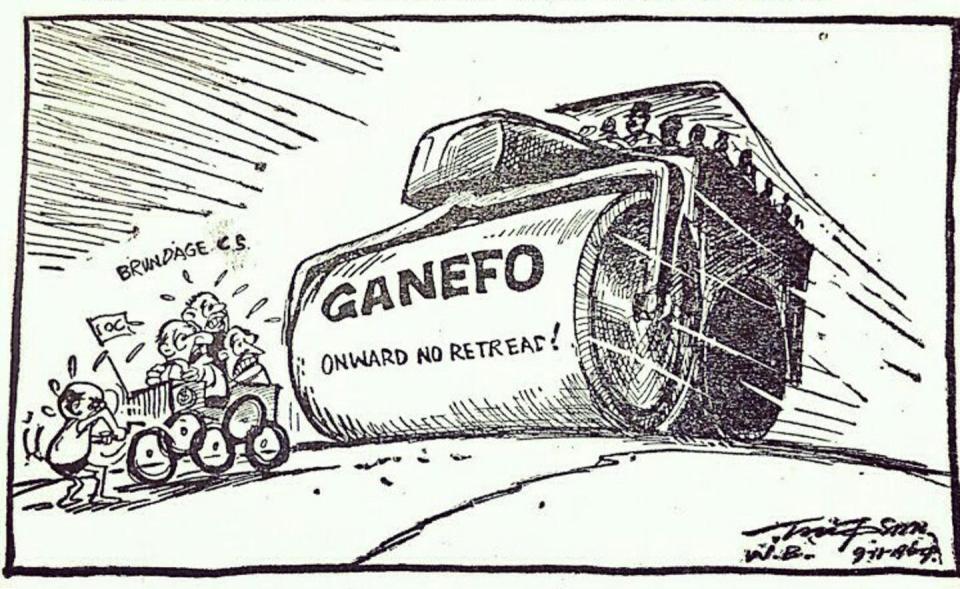 A cartoon that shows a steam roller chasing members of the IOC.