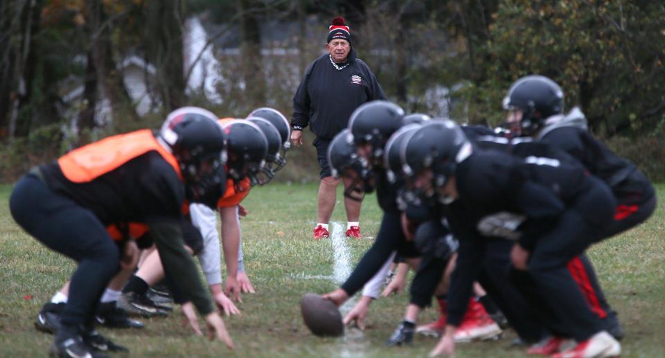 Manchester football coach Jim France watches the line of scrimmage as the Panthers practice on the field behind James France Football Stadium on Nov. 7, 2019.