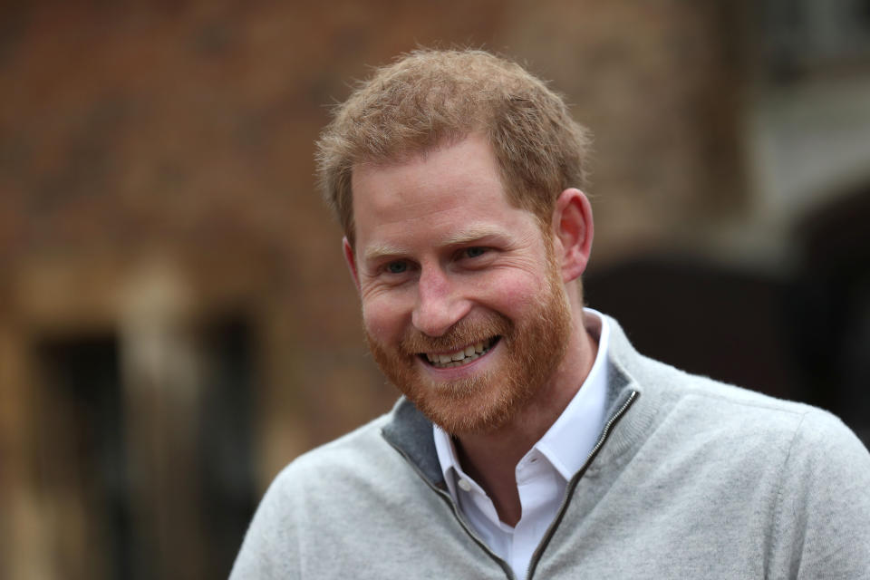 The Duke of Sussex speaks to members of the media at Windsor Castle on May 6, 2019. (STEVE PARSONS via Getty Images)