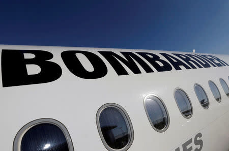 FILE PHOTO: A Bombardier CSeries aircraft is pictured during a news conference to announce a partnership between Airbus and Bombardier on the C Series aircraft programme, in Colomiers near Toulouse, France, October 17, 2017. REUTERS/Regis Duvignau/File Photo