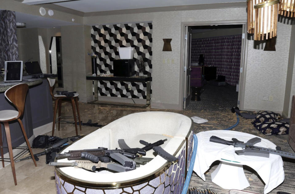 FILE - This October 2017 file photo taken by the Las Vegas Metropolitan Police Department shows the interior of Stephen Paddock's room on the 32nd floor of the Mandalay Bay hotel in Las Vegas, from which he committed the mass shooting that killed 58 people. Families of people killed in the Las Vegas Strip massacre in October 2017 will receive shares of almost all the $1.4 million estate of the man who unleashed the deadliest mass shooting in modern U.S. history and killed himself before police reached him, according to a probate case that ended Thursday, April 20, 2023, in Nevada. (Las Vegas Metropolitan Police Department via AP, File)