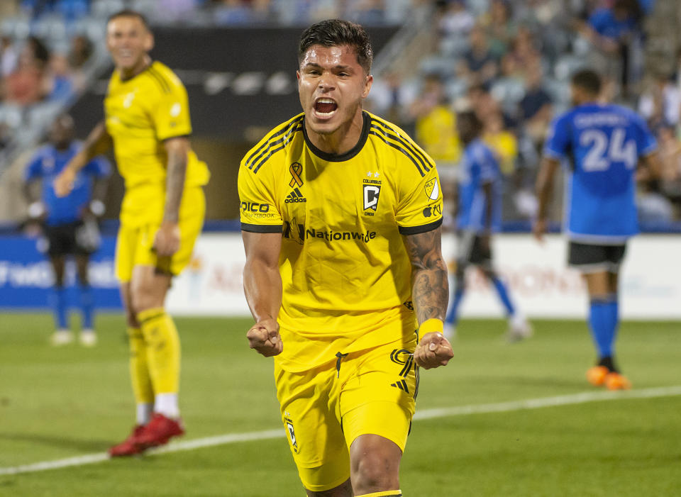 Columbus Crew's Cucho Hernandez reacts after scoring against CF Montreal during the first half of an MLS soccer match Saturday, Sept. 2, 2023, in Montreal. (Peter McCabe/The Canadian Press via AP)