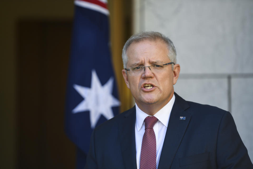 Australian Prime Minister Scott Morrison speaks to the media during a press conference at Parliament House in Canberra, Friday, March 20, 2020.
