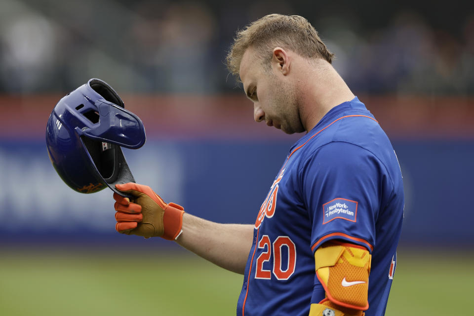New York Mets' Pete Alonso reacts after grounding into a double play to end the seventh inning of a baseball game against the Philadelphia Phillies, Tuesday, May 14, 2024, in New York. (AP Photo/Adam Hunger)