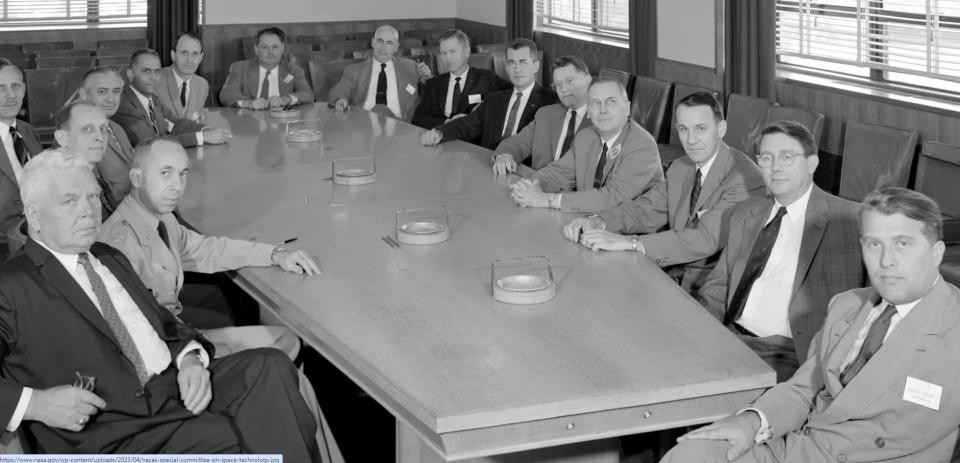 <span>This screenshot taken May 20, 2024 from the NASA website shows a 1958 photo of 16 committee members, with von Braun in the bottom right-hand corner</span><div><span>NASA</span></div>