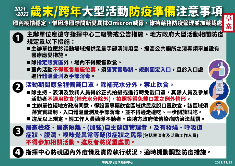 歲末大型活動防疫注意事項。   圖：指揮中心／提供