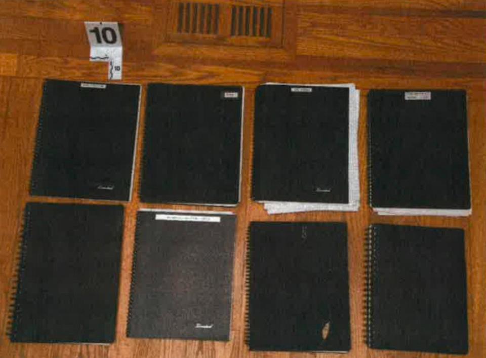 PHOTO: A photo from a U.S. Department of Justice report of notebooks seized from a file cabinet under television in President Joe Biden's Delaware home office. (U.S. Department of Justice )