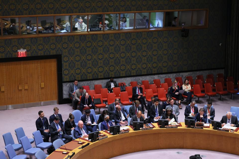 NEW YORK, NEW YORK - SEPTEMBER 27: Members of the United Nations Security Council listen as Ukrainian President Volodymyr Zelensky speaks during a meeting at the United Nations Headquarters to discuss the conflict in Ukraine on September 27, 2022 in New York City. United States Ambassador to the United Nations Linda Thomas-Greenfield introduced today a joint resolution with Albania condemning Russia over the referendums that are being carried out in four regions of Ukraine. Ukrainian President Zelensky joined the meeting via video and reiterated his request for the changes to the Security Council that he made during the General Assembly last week and called for the expulsion of Russia from the Council.  (Photo by Michael M. Santiago/Getty Images) ORG XMIT: 775878991 ORIG FILE ID: 1428109256