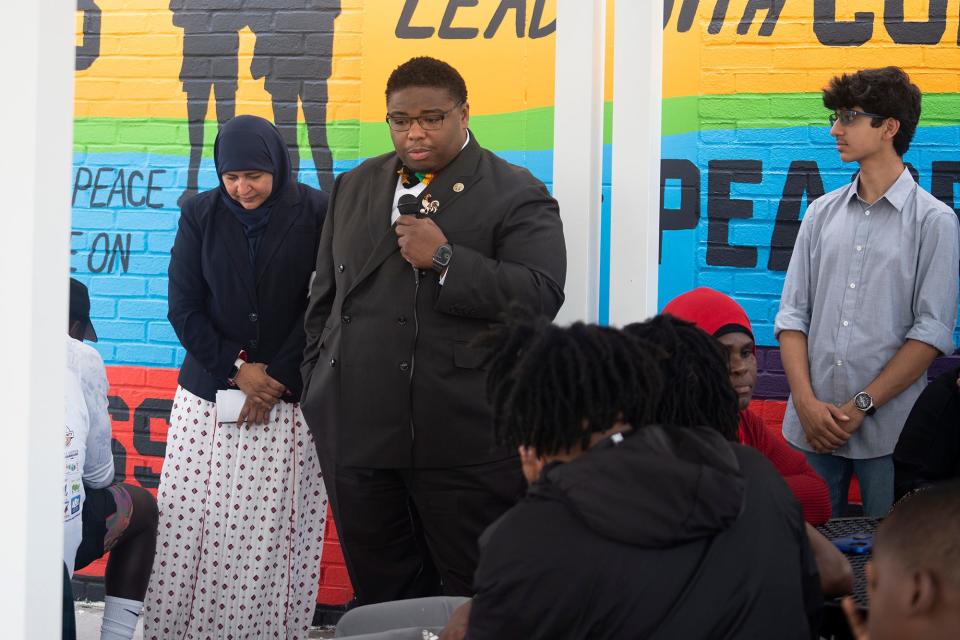 Jul 21, 2023; Columbus, Ohio, USA;  State Rep. Dontavius Jarrells, speaks at the dedication of "Issa's Peace Patio" at My Project USA, in the Hilltop. 