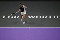 Maria Sakkari, of Greece, hit to Jessica Pegula in the WTA Finals tennis tournament in Fort Worth, Texas, Monday, Oct. 31, 2022. (AP Photo/Ron Jenkins)