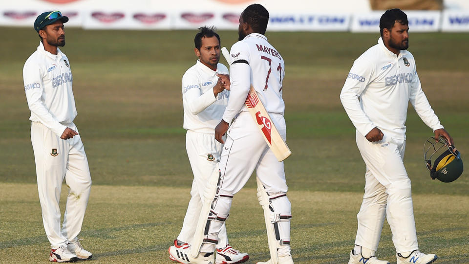 Kyle Mayers, pictured here shaking hands with Mushfiqur Rahim after West Indies' win over Bangladesh.