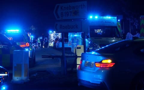 Ambulances and police at crash scene outside Stevenage football ground where a car has ploughed into kids watching cars speeding. Thursday 18th july 2019 - Credit: Gary Dawson&nbsp;