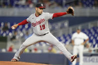 Washington Nationals starting pitcher Anibal Sanchez (19) throws during the first inning of a baseball game against the Miami Marlins, Sunday, Sept. 25, 2022, in Miami.(AP Photo/Lynne Sladky)