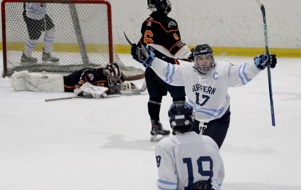 Suffern's Ben Burns celebrates a goal during the Section 1 Division 1 hockey championship against Mamaroneck at Sport-O-Rama in Monsey Feb. 27, 2022.