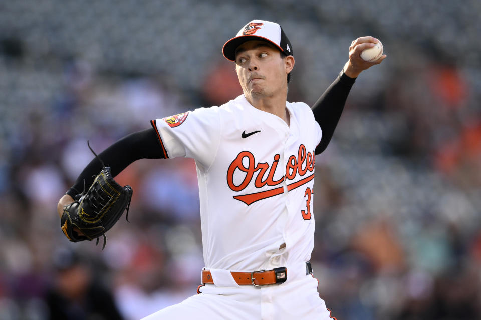 Baltimore Orioles starting pitcher Cade Povich throws during the first inning of a baseball game against the Cleveland Guardians, Monday, June 24, 2024, in Baltimore. (AP Photo/Nick Wass)