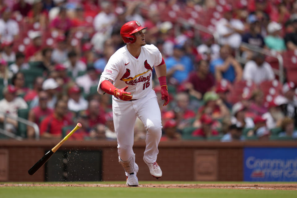 St. Louis Cardinals' Nolan Gorman watches his three-run home run during the first inning of a baseball game against the Miami Marlins Wednesday, July 19, 2023, in St. Louis. (AP Photo/Jeff Roberson)