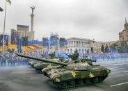 <p>Tanks ride along Khreshchatyk Street, during a military parade to celebrate Independence Day in Kiev, Ukraine, Wednesday, Aug. 24, 2016. (Photo: Efrem Lukatsky/AP) </p>