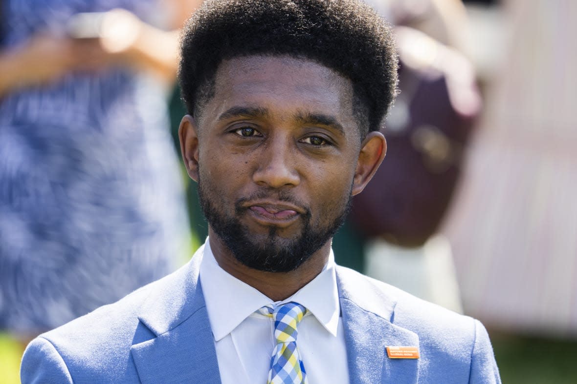 Baltimore Mayor Brandon Scott attends an event with President Joe Biden on the South Lawn of the White House to commemorate the Bipartisan Safer Communities Act, which will help curb gun violence on Monday, July 11, 2022. (Tom Williams/CQ-Roll Call, Inc via Getty Images)