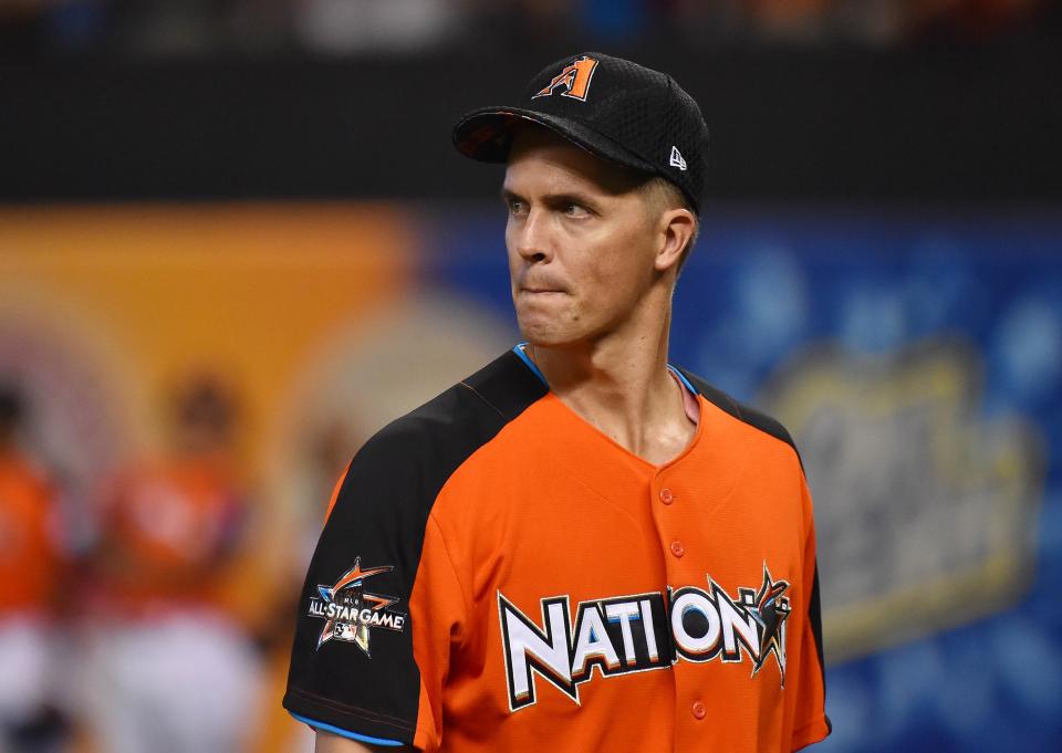 Jul 10, 2017: National League pitcher Zack Greinke (21) of the Arizona Diamondbacks during batting practice one day before the 2017 MLB All Star Game at Marlins Park.