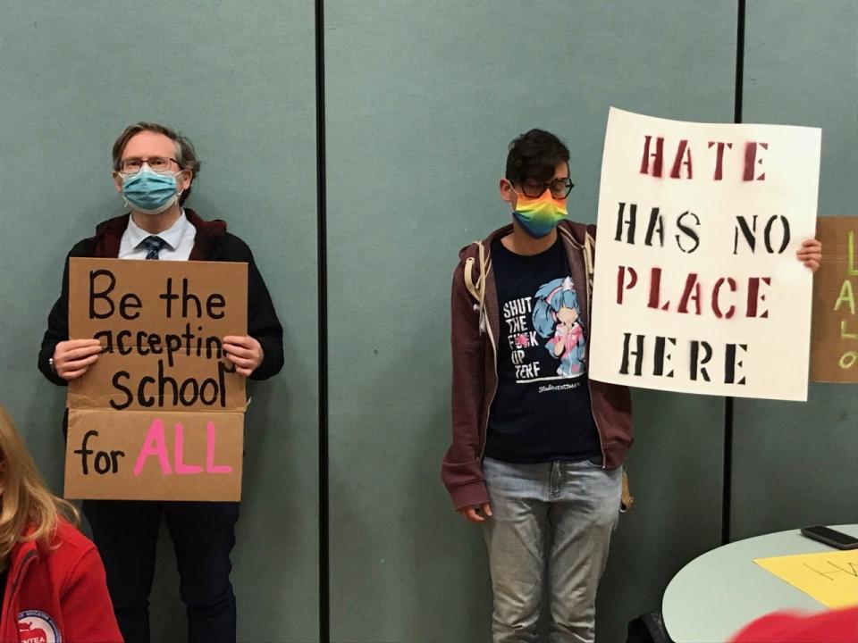 Protesters at the Feb. 22, 2023 Colts Neck Board of Education meeting, where a proposed transgender policy change was rejected.