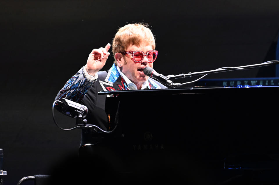 LEXINGTON, KENTUCKY - APRIL 09: Sir Elton John performs during his Farewell Yellow Brick Road Tour at Rupp Arena on April 09, 2022 in Lexington, Kentucky. (Photo by Stephen J. Cohen/Getty Images)